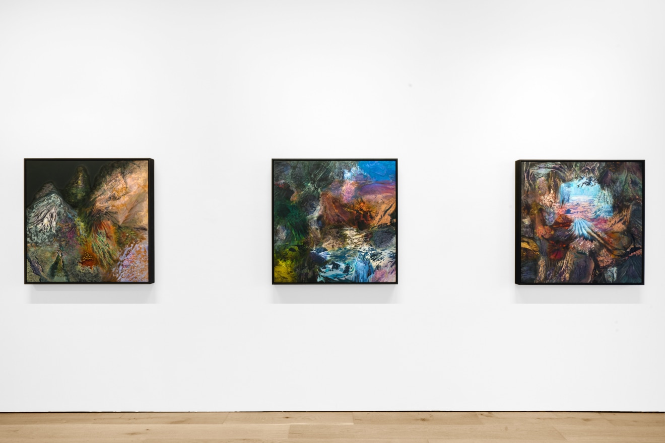 Installation view of Dustin Yellin: Cave Painting at Venus Over Manhattan, New York, 2023