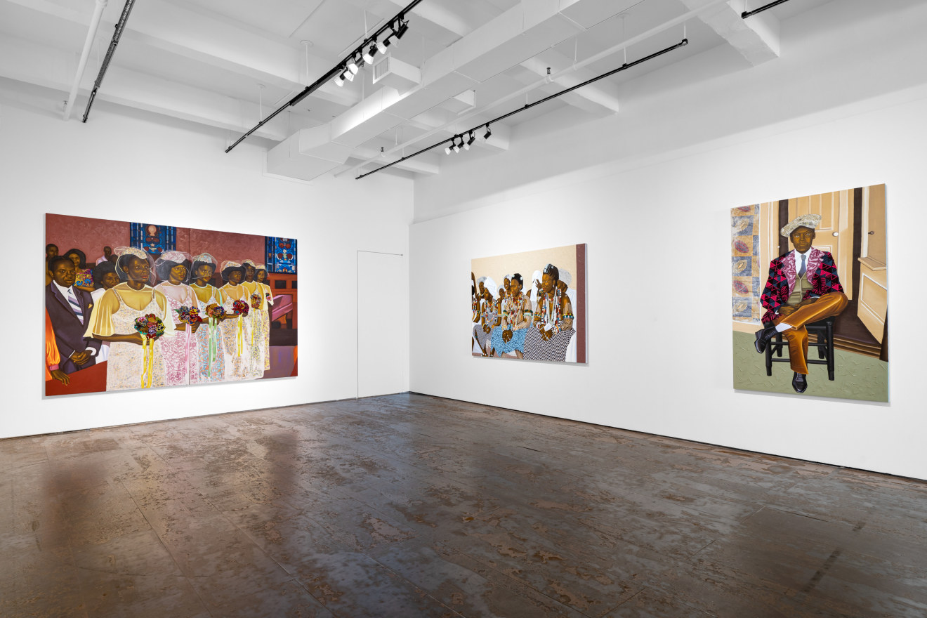 Installation view of Cornelius Annor: A Fabric of Time and Family, Venus Over Manhattan, New York