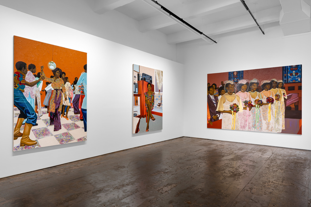 Installation view of Cornelius Annor: A Fabric of Time and Family, Venus Over Manhattan, New York