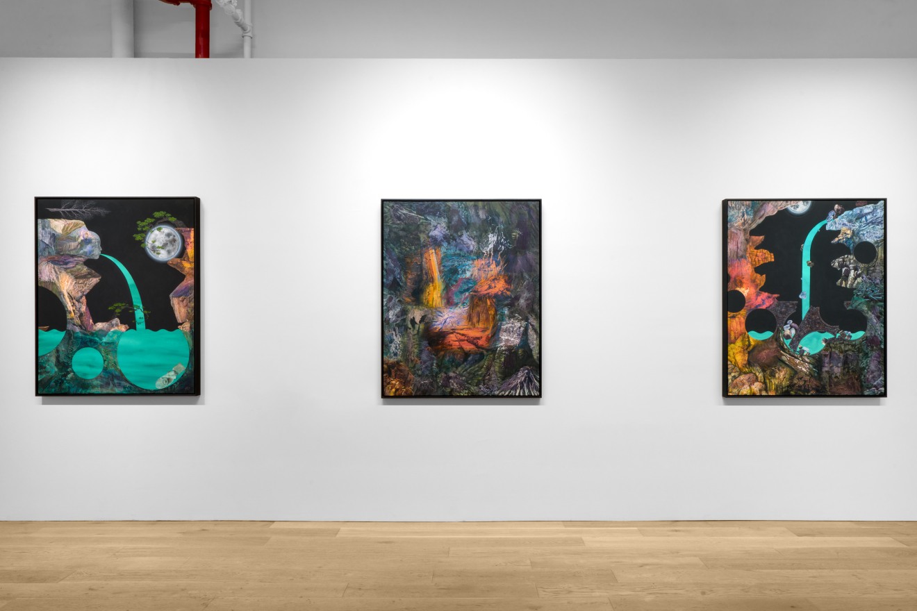 Installation view of Dustin Yellin: Cave Painting at Venus Over Manhattan, New York, 2023