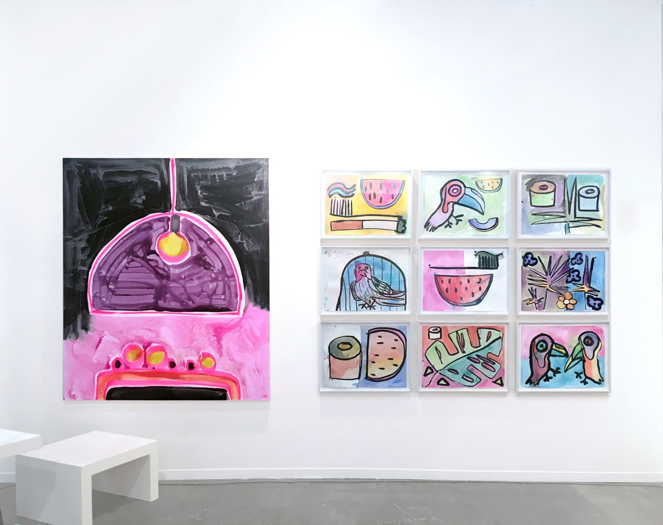 Installation view of Katherine Bernhardt and Sarah Braman, Zona Maco, Mexico City, 2016