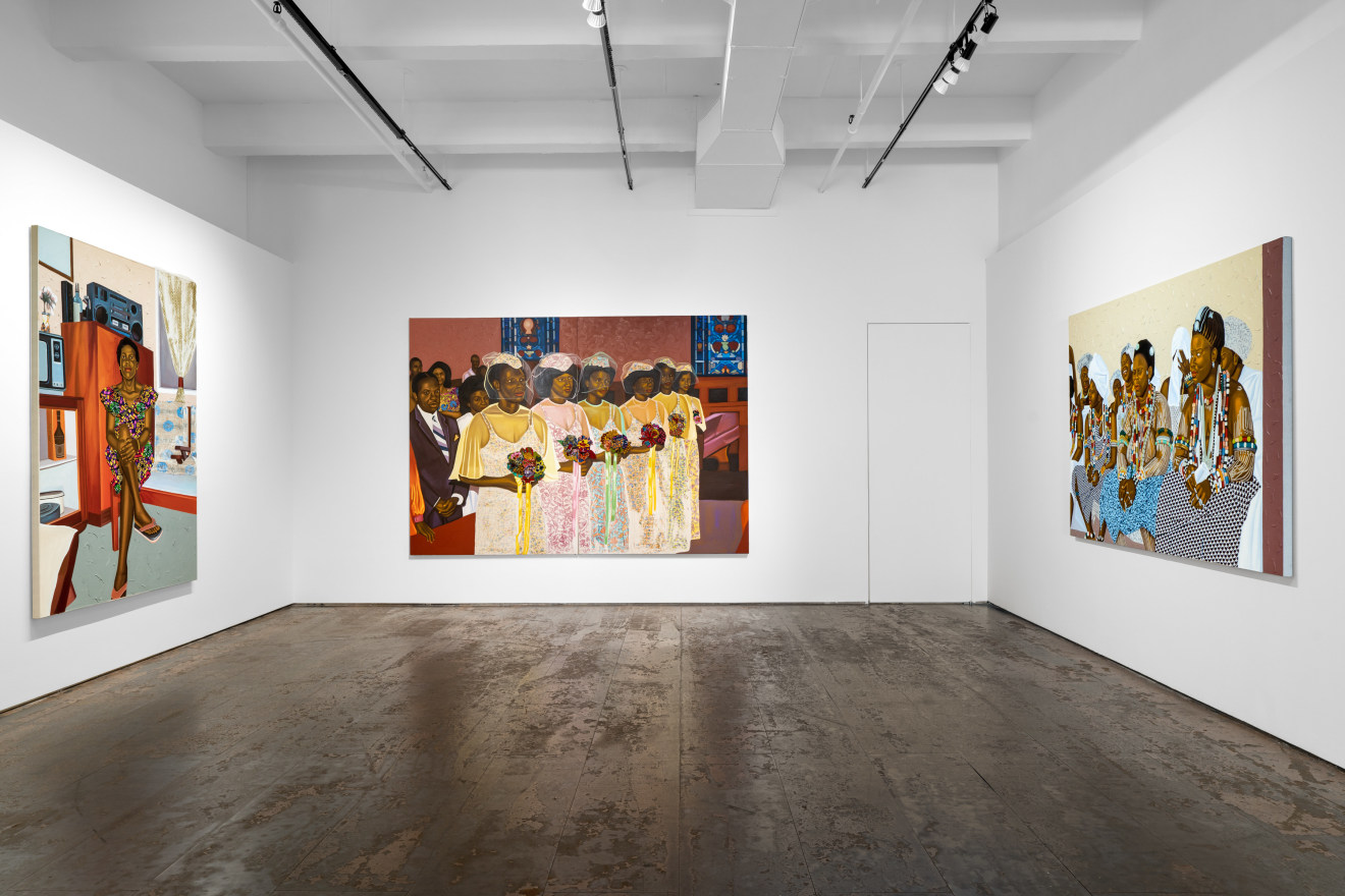 Installation view of Cornelius Annor: A Fabric of Time and Family, Venus Over Manhattan, New York