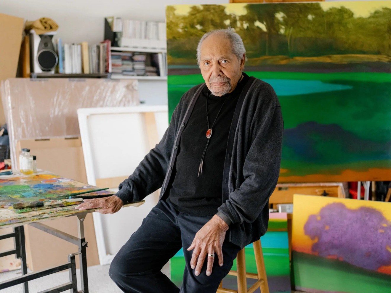 The landscape painter Richard Mayhew, 99, who has an exhibition in New York and one coming this fall at the Sonoma Valley Museum of Art, at his home studio in Soquel, Calif.Credit...Jason Henry for The New York Times