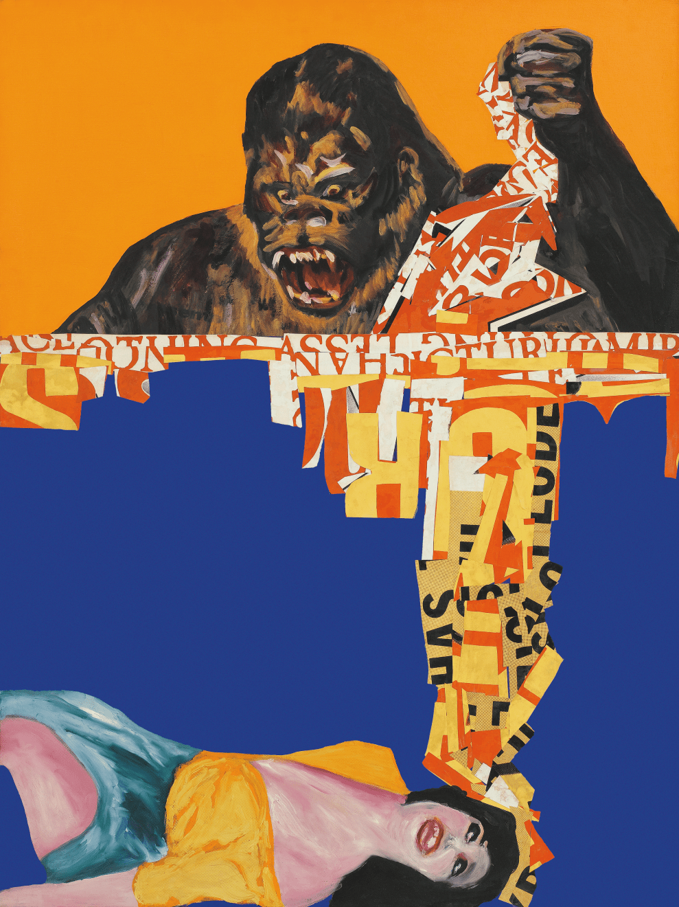 Gorilla with raised fist above woman lying on bottom of canvas, with pasted graphic words across middle of the ground