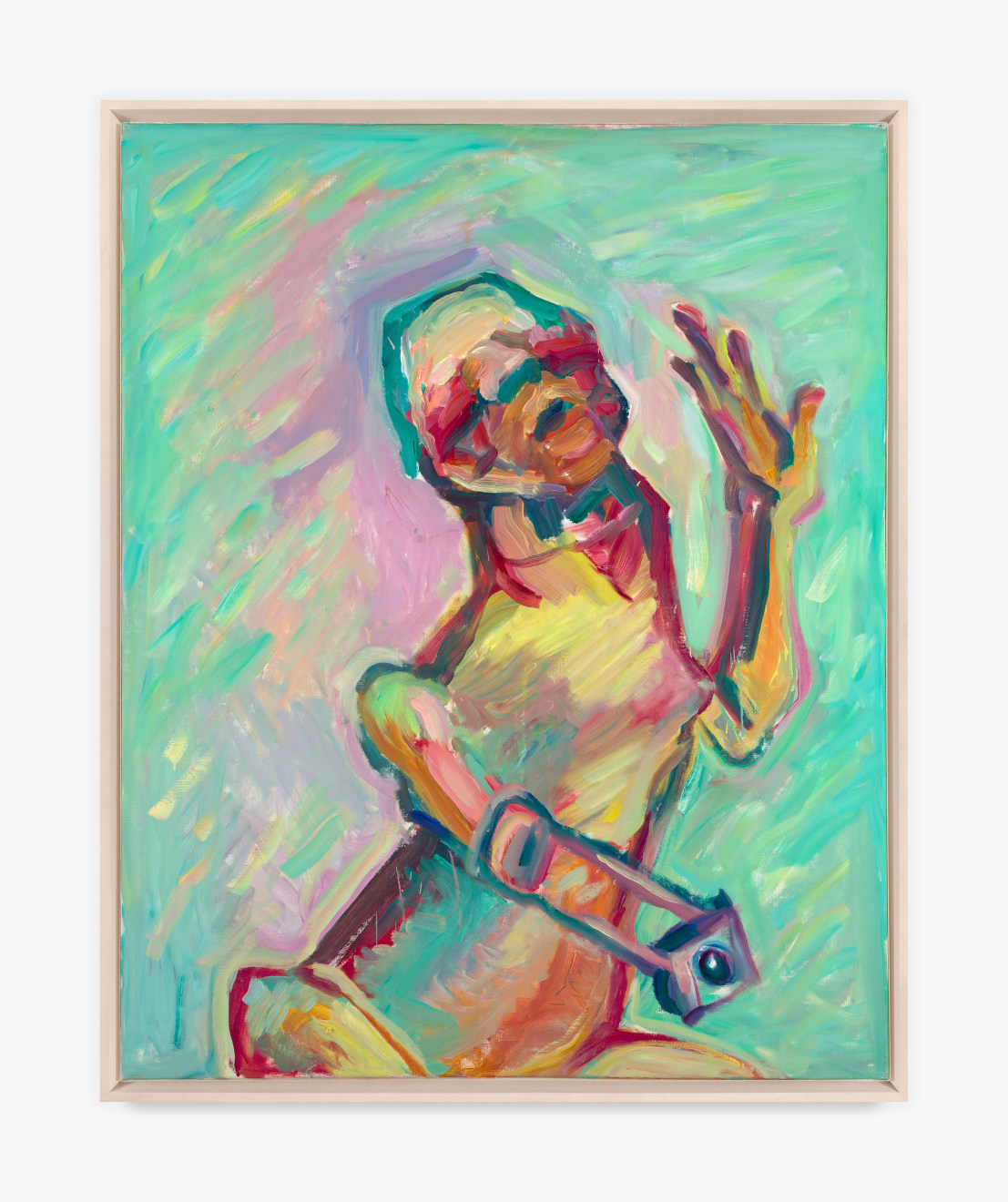 Maria Lassnig, &quot;Prothesenselbstportraet,&quot; 2000. Oil on canvas; 49 3/16 x 39 3/8 in (125 x 100 cm). Private Collection. &copy; 2023 Estate of Maria Lassnig. Courtesy Petzel Gallery and Venus Over Manhattan, New York.