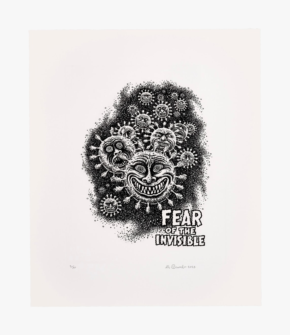 R. Crumb, &quot;Fear of the Invisible,&quot; 2023. Etching on Magnani Pescia paper; Work: 16 7/8 x 14 in (42.9 x 35.6 cm) Framed: 23 3/8 x 20 5/8 x 1 1/8 in (59.4 x 52.4 x 2.9 cm). Edition 5 of 30, 5 AP, 5 PP, 1 BAT. Courtesy the artist, Two Palms, New York, David Zwirner, and Venus Over Manhattan, New York.