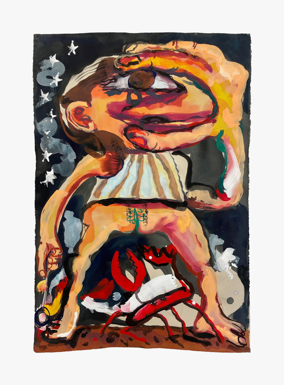 Dana Schutz, &quot;The Crab,&quot; 2023. Gouache on paper; Work: 43 7/8 x 30 in (111.4 x 76.2 cm) Framed: 48 1/4 x 34 3/8 in (122.6 x 87.3 cm) Courtesy the artist, David Zwirner, and Venus Over Manhattan, New York.