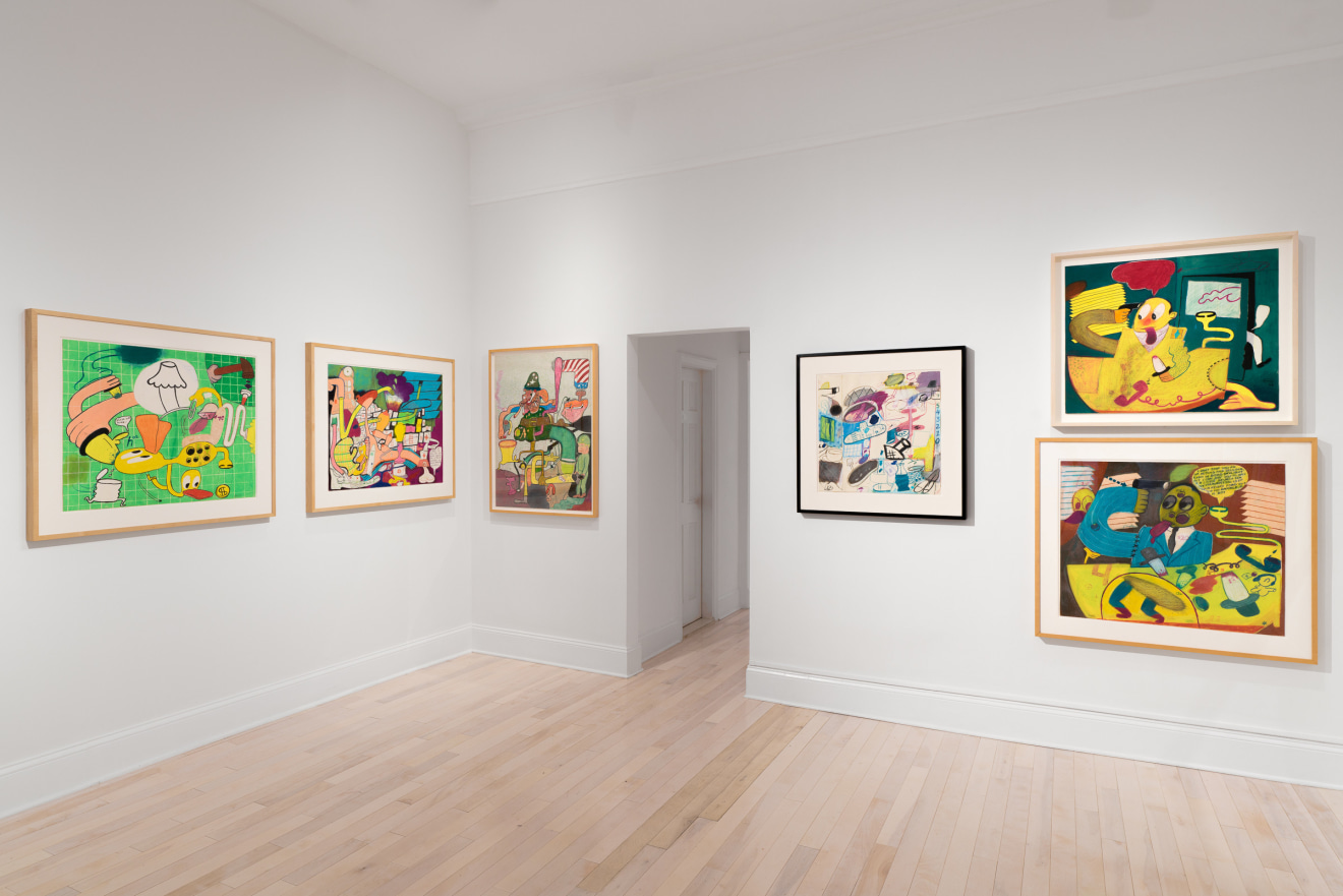 Installation view of Peter Saul Early Works on Paper at Venus Over Manhattan New York