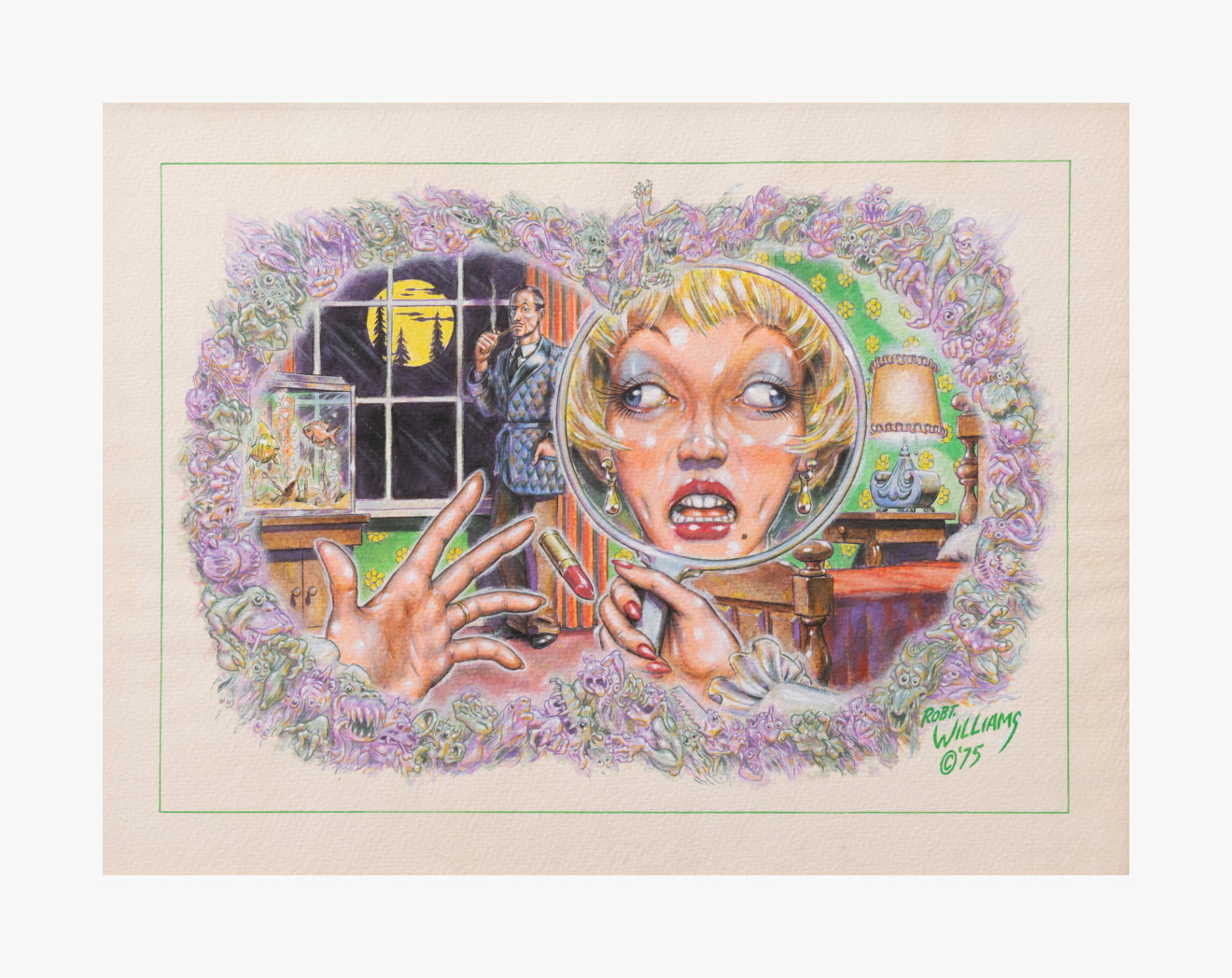 Robert Williams, &quot;Peripheral Bogies,&quot; 1975. Acrylic on watercolor paper ; 16 1/2 x 20 3/4 in (41.9 x 52.7 cm). Private Collection. Courtesy Venus Over Manhattan, New York.