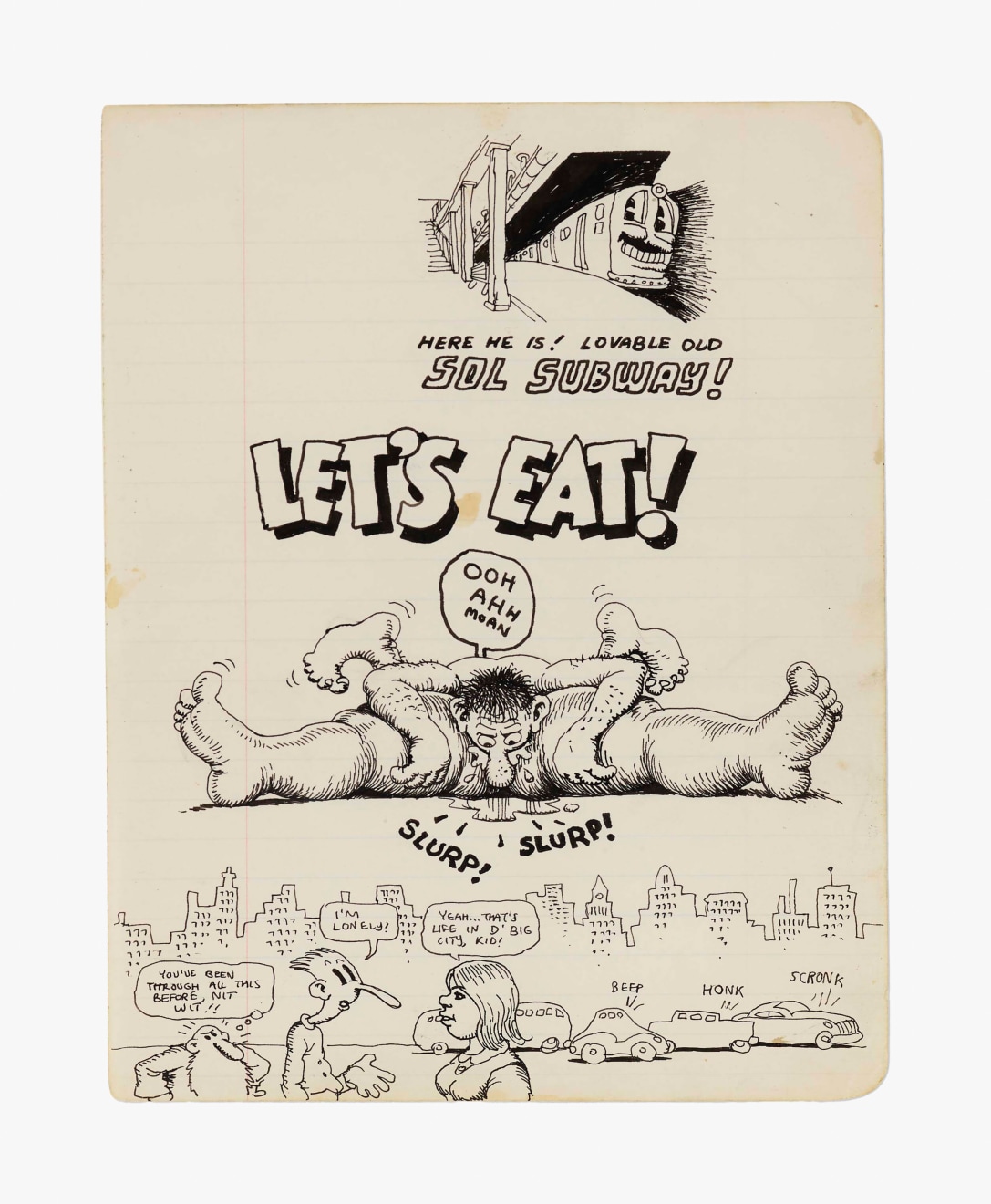 R. Crumb, &quot;Let&#039;s Eat,&quot; 1966-1970. Ink on paper; 9 3/4 x 7 1/2 in (24.8 x 19.1 cm). Private Collection. Courtesy Venus Over Manhattan, New York.