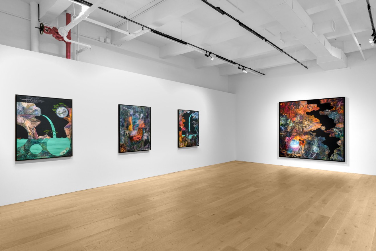 Installation view of Dustin Yellin: Cave Painting at Venus Over Manhattan, New York, 2023