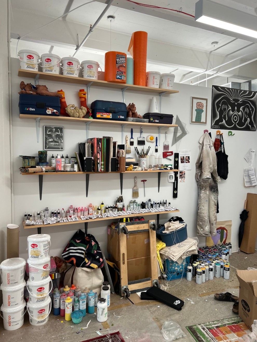 Shelves of art materials in Ana Benaroya's studio.