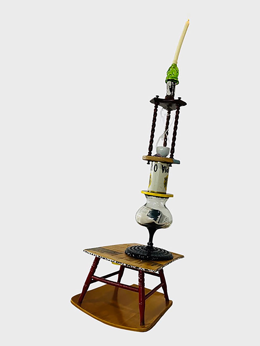 Martin Kersels, &quot;Buoy 7,&quot; 2023. Reused furniture, wood, glass, steel, fabric, candle, book, sand; 54 x 19 x 17 in (137.2 x 48.3 x 43.2 cm). &copy; 2023 Martin Kersels. Courtesy the artist, Mitchell-Innes &amp;amp; Nash, New York, and Venus Over Manhattan, New York.