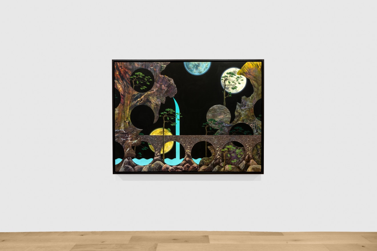 Installation view of Dustin Yellin: Cave Painting at Venus Over Manhattan, New York, 2023