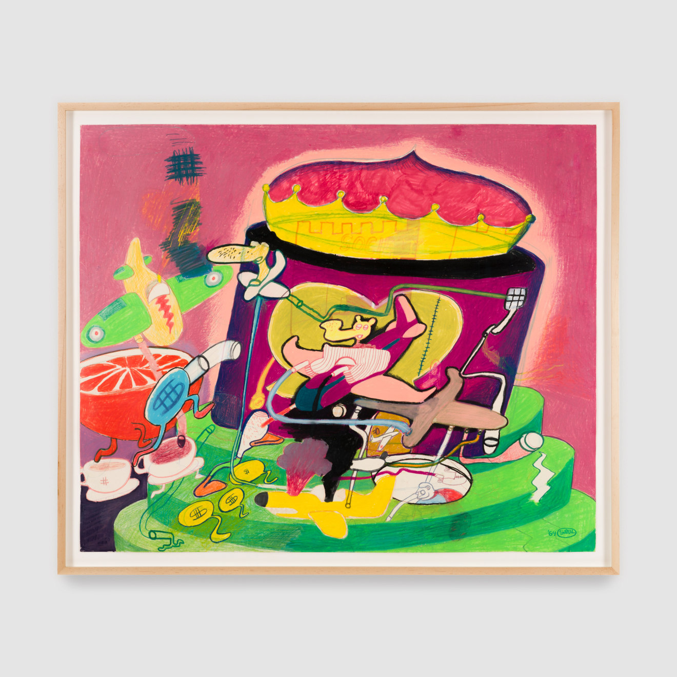 Peter Saul, &quot;Untitled (Society),&quot; 1964. Oil stick, colored pencil, and marker on paper; 27 5/8 x 33 3/8 in (70.2 x 84.8 cm). Collection of KAWS