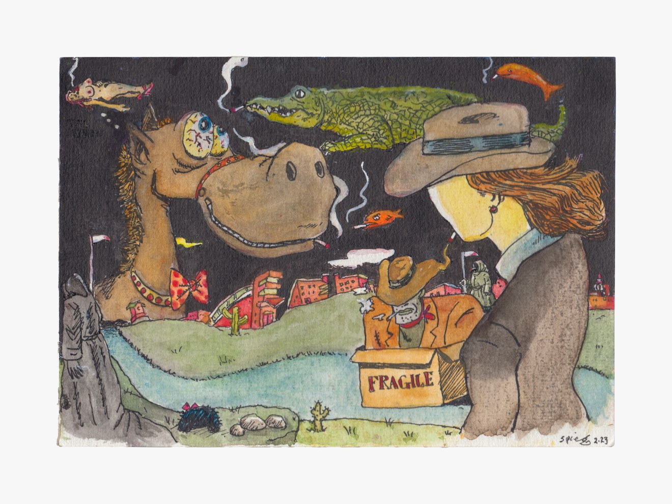 Art Spiegelman, &quot;Horse Opera Noir with Crocodile,&quot; 2023. Watercolor and ink on paper; 5 13/16 x 8 1/4 in (14.8 x 21 cm). Courtesy the artist and Venus Over Manhattan, New York.