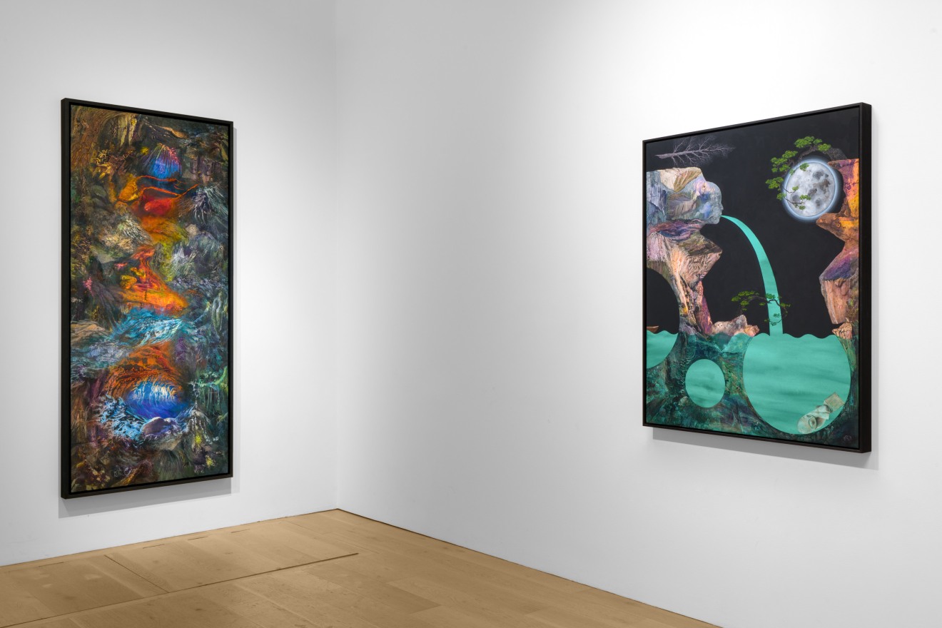 Installation view of Dustin Yellin: Cave Painting at Venus Over Manhattan, New York, 2023