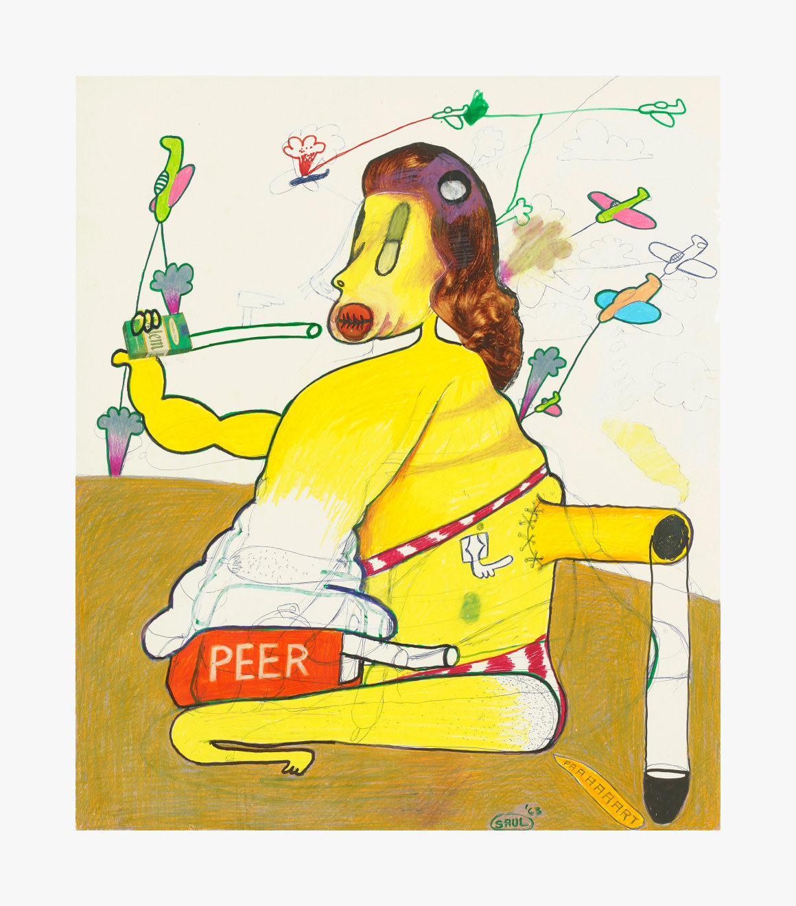 Work on paper by Peter Saul titled Peer with Salem Cigarette from 1963