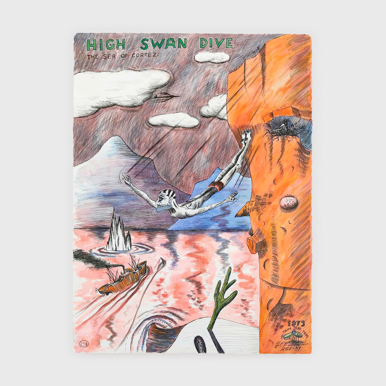 H.C. Westermann, &quot;The Sea of Cortez: High Swan Dive,&quot; 1973. Ink and watercolor on paper; 30 x 22 1/4 in (76.2 x 56.5 cm). Collection of KAWS.