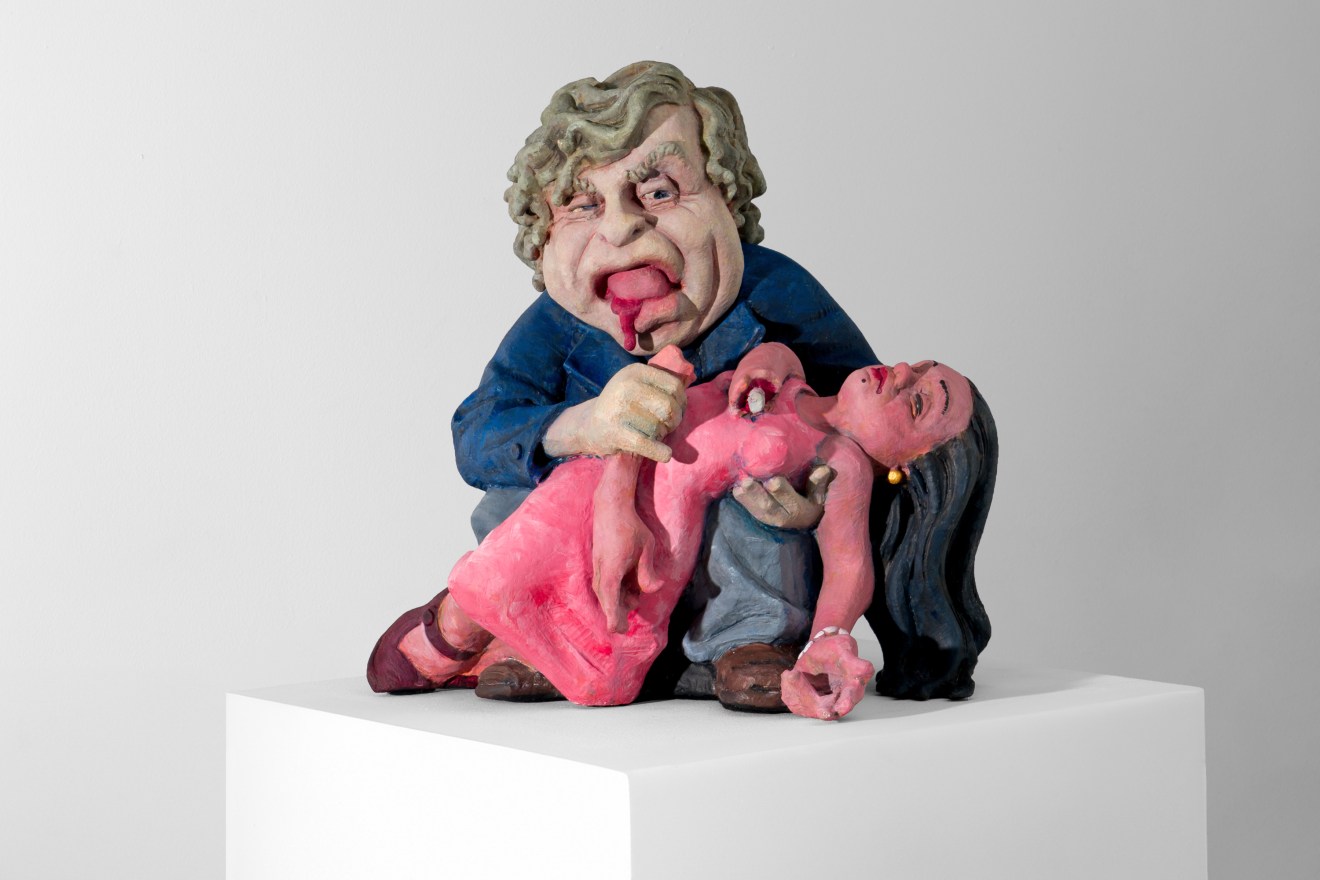 Elliott Arkin, &quot;Charlie Finch Eating Mary Boone Cookie Jar,&quot; 2002. Aqua resin and acrylic paint; 16 x 16 x 11 in (40.6 x 40.6 x 27.9 cm). Edition 3 of 5. Courtesy the artist and Venus Over Manhattan, New York.