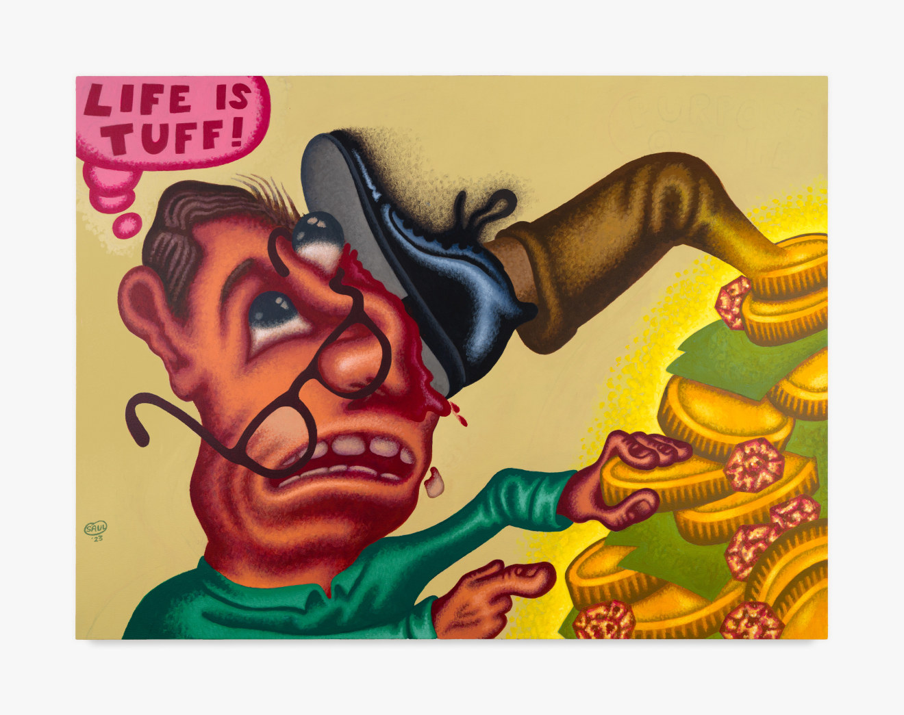 Peter Saul, &quot;Life is Tuff,&quot; 2023. Acrylic on canvas; 45 x 60 in (114.3 x 152.4 cm). &copy; 2023 Peter Saul / Artist&#039;s Rights Society (ARS), New York. Courtesy the artist and Venus Over Manhattan, New York.