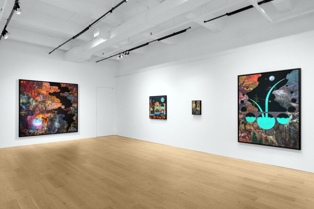 Installation view of Dustin Yellin: Cave Painting at Venus Over Manhattan, New York, 2023