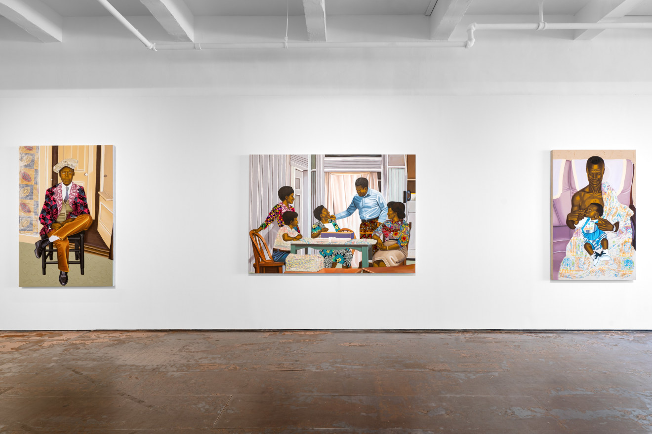 Installation view of Cornelius Annor: A Fabric of Time and Family, Venus Over Manhattan, New York