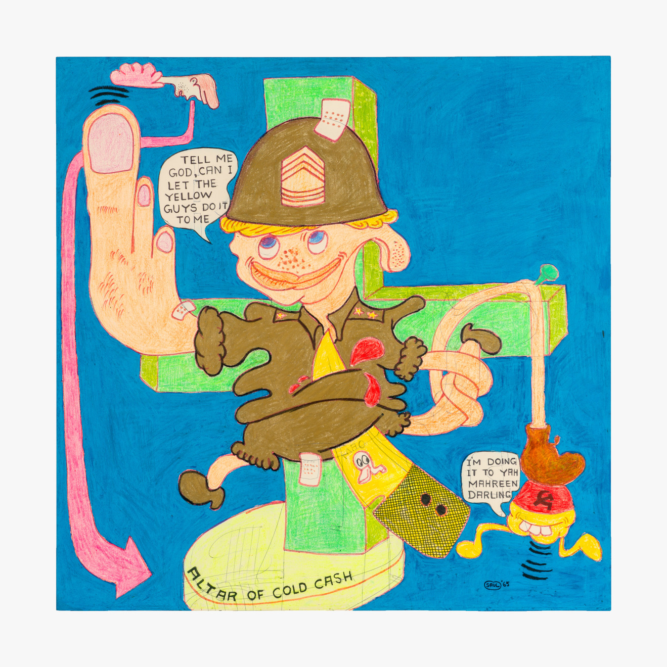 Work on paper by Peter Saul titled Altar of Cold Cash from 1965