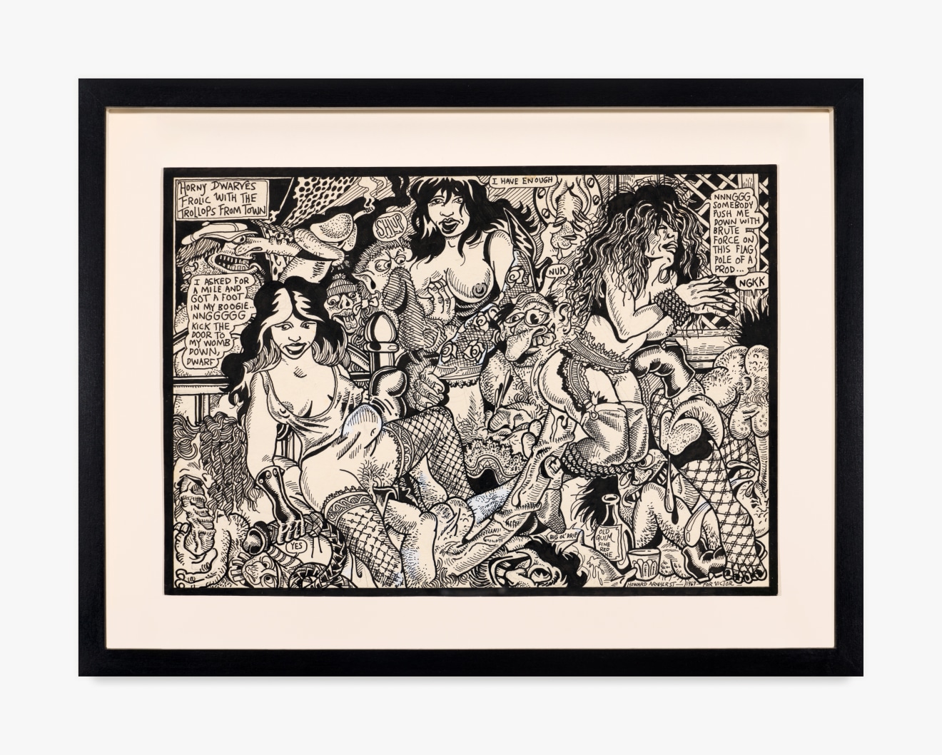 S. Clay Wilson, &quot;Horny Dwarves Frolic With the Trollops From Town (from Snatch #3),&quot; 1969. Ink on newsprint; 5 x 7 in (12.7 x 17.8 cm). Private Collection. Courtesy Venus Over Manhattan, New York.