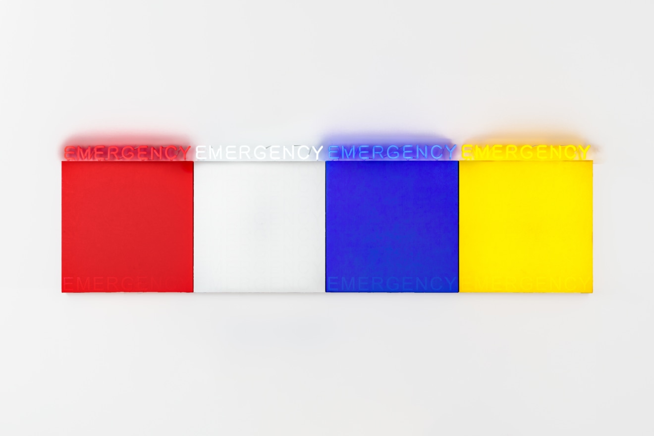 Deborah Kass, &quot;EMERGENCY,&quot; 2019. Acrylic and neon on canvas; 32 1/2 x 116 in (82.5 x 294.6 cm). &copy; 2023 Deborah Kass/Artists Rights Society (ARS), New York. Courtesy the artist and Venus Over Manhattan, New York.