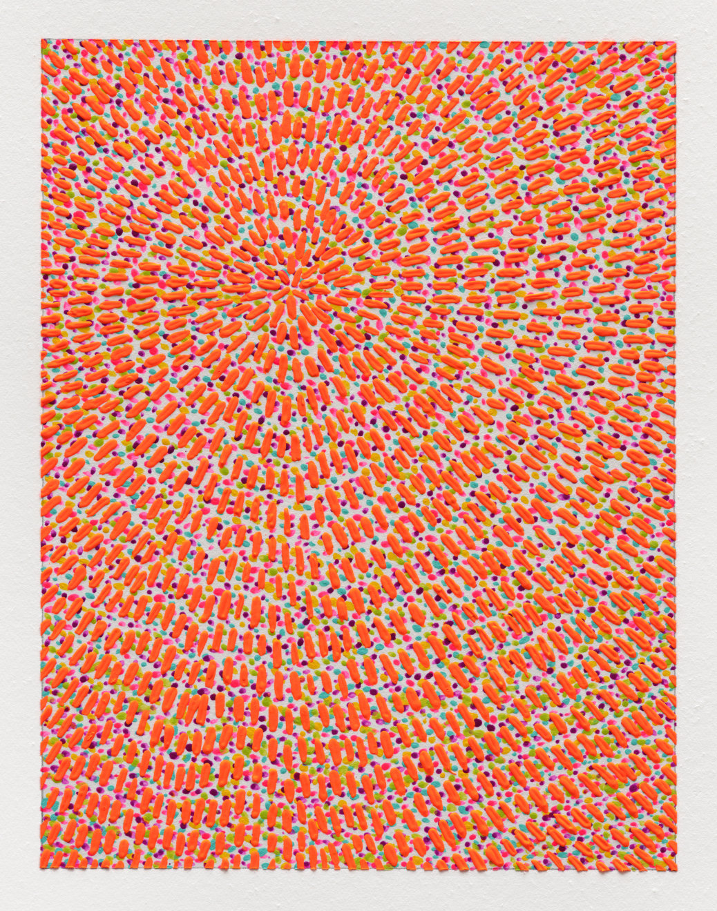 Jennifer Guidi, Untitled (Fluorescent Orange Gouache Universe Mandala, Multicolored Ground), 2022