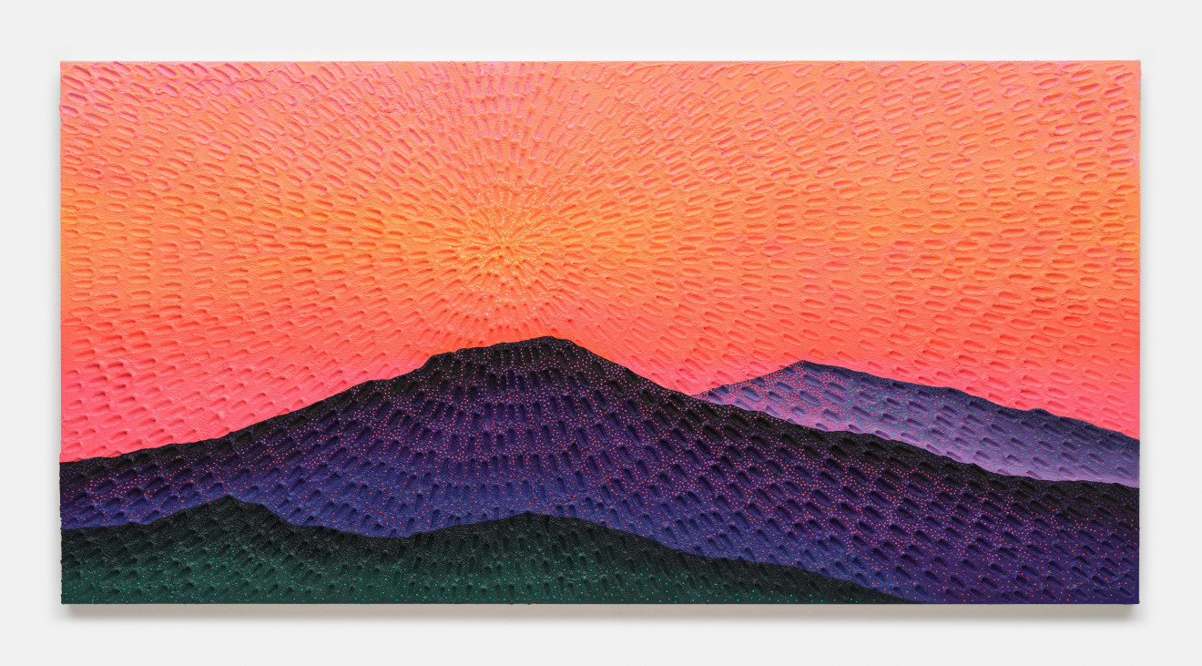 Jennifer Guidi, The Valley Between (Painted White Sand, Orange-Peach-Pink Sunset Gradient, Green, Black, Blue, Purple and Lavender Mountain, Yellow, White Pink, Green, Turquoise, Purple, Lavender and Orange, Natural Ground), 2022