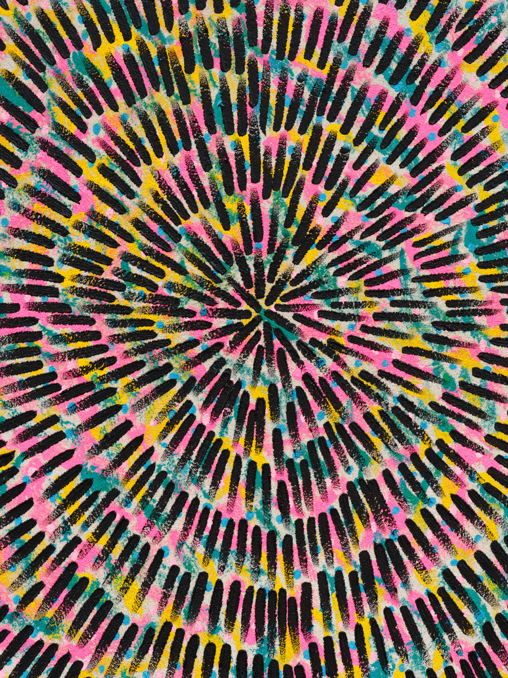 Jennifer Guidi, Waves of Color (Painted Universe Mandala, Black, White Sand, Yellow, Pink, Light Pink and Blue, Natural Ground), 2022