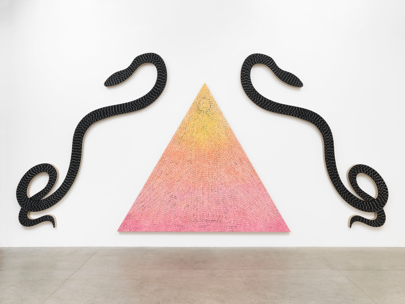 Jennifer Guidi, Guardians of Light (Triptych: Painted Universe Mandala Triangle SF #2T, Yellow to Pink Gradient, Natural Ground; White #2PT, Black Sand SF #1S, Black Ground; White #3PT, Black Sand SF #2S, Black Ground), 2018 - 2019