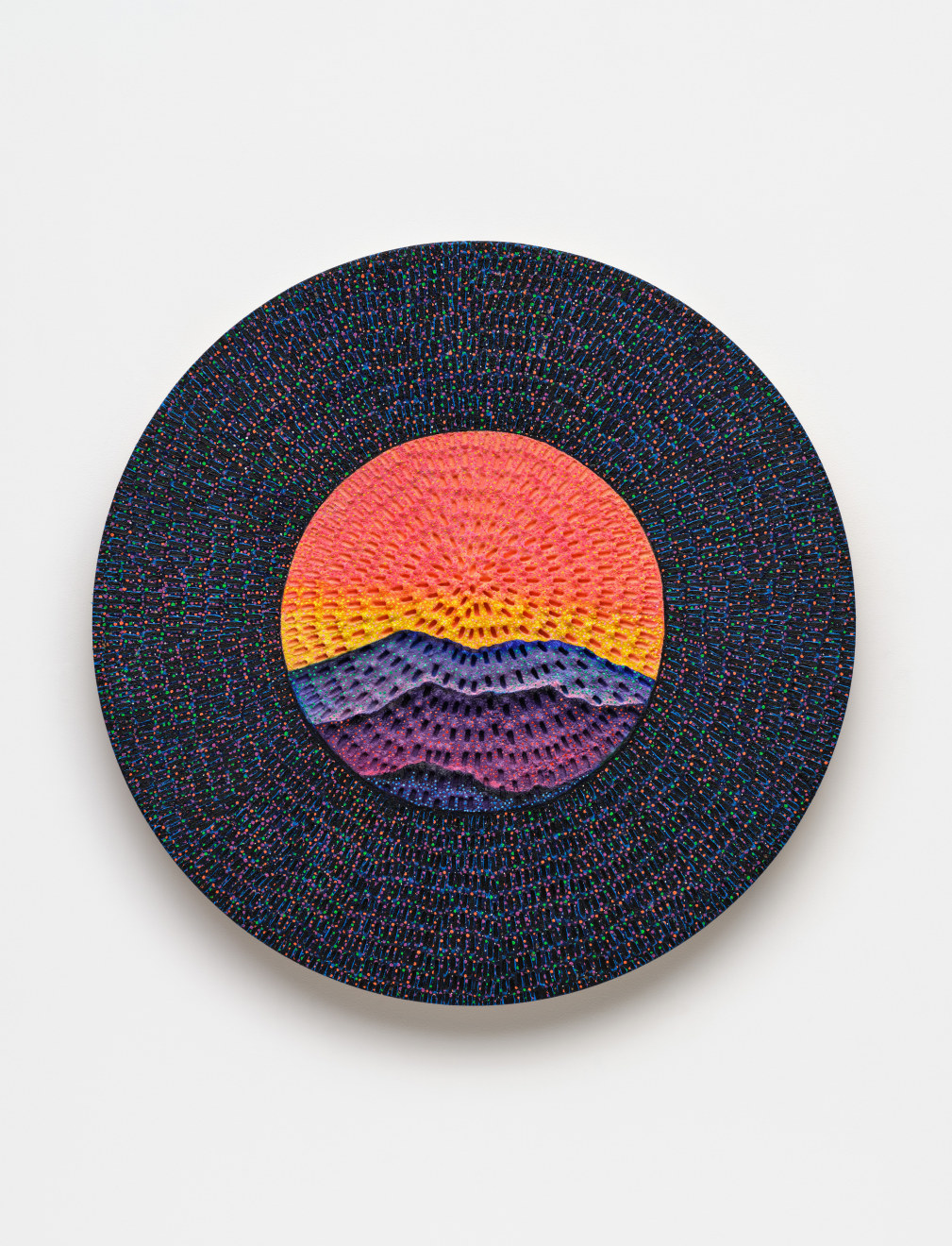 Jennifer Guidi, The Various Planes on Being and Life (Painted Natural Sand, Red-Orange-Yellow-Blue-Purple-Dark Purple Mountain, Painted Black Sand, Yellow, Red, Pink, Green and Orange, Painted Black Sand, Blue, Yellow, Green, Pink, Black Ground), 2022