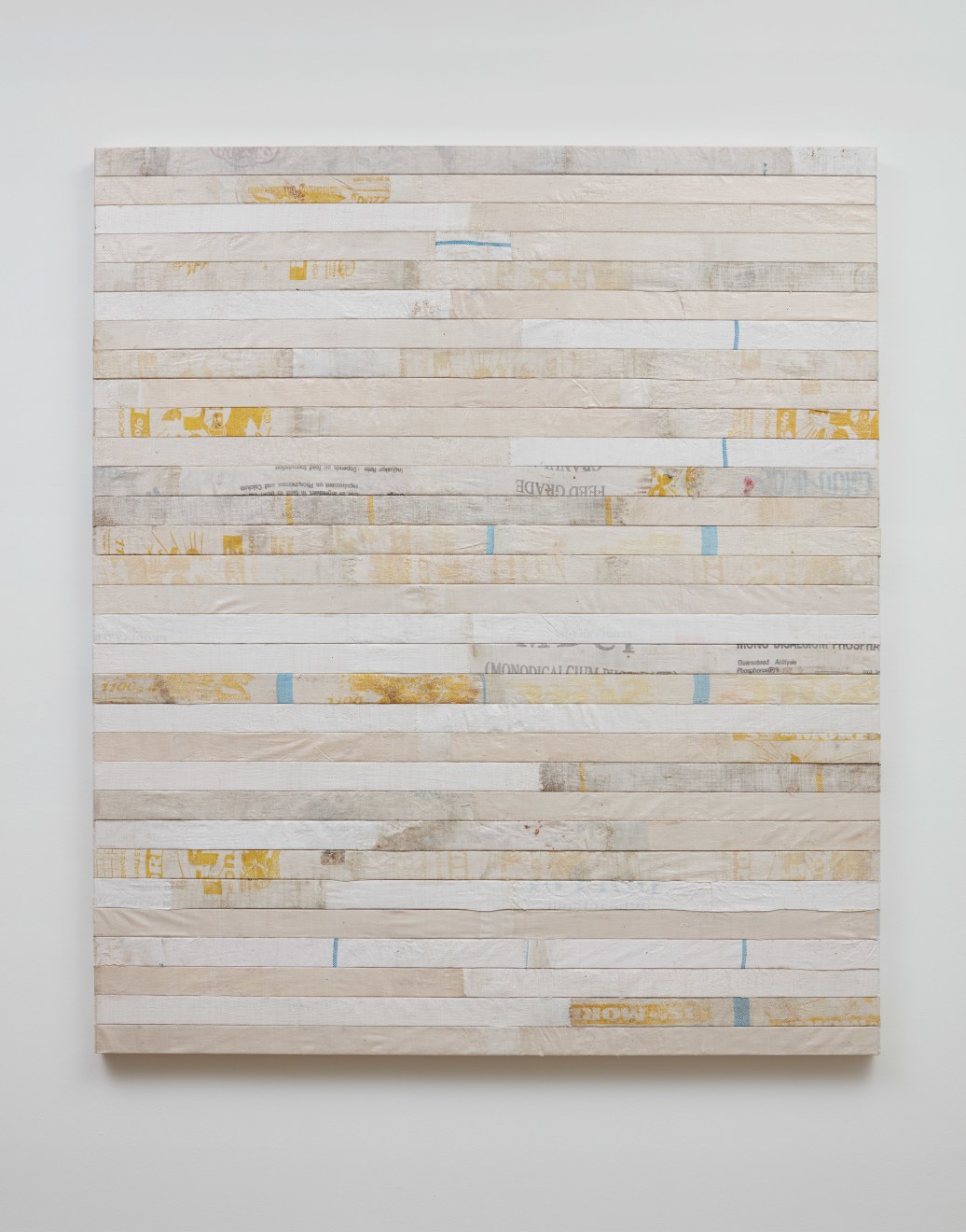 whitewashed 2, 2016, used polyethylene sacks mounted to panel