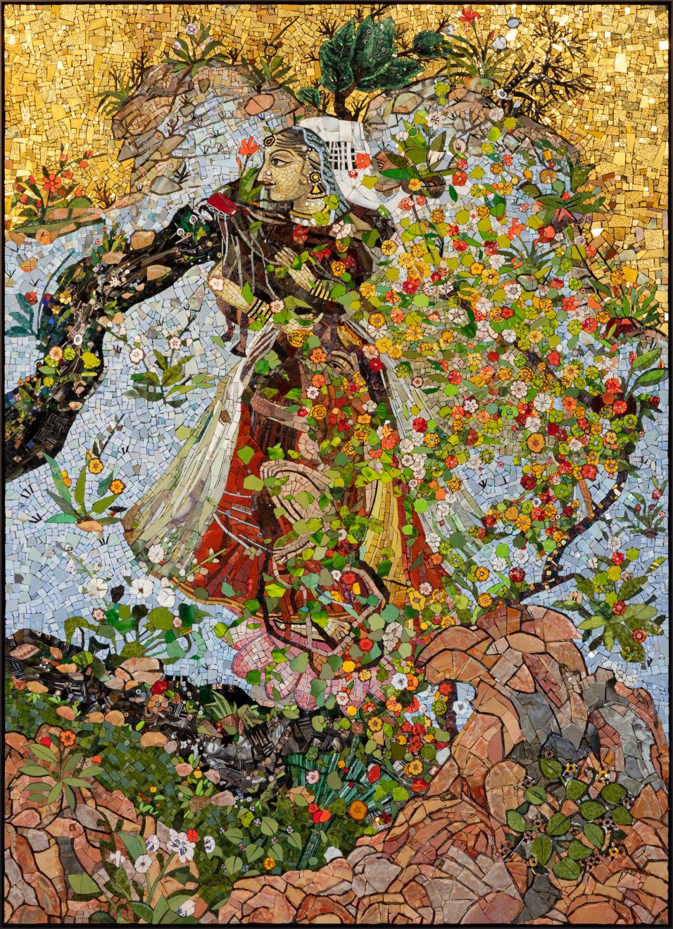 Shahzia Sikander Touchstone, 2021 Glass mosaic with patinated brass frame 83 1/8 x 59 7/8 inches (211.1 x 152.1 cm)  framed: 84 x 60 3/4 inches (213.36 x 154.31 cm) the work is accompanied by a signed certificate of authenticity (ShS-S.21.109.1)