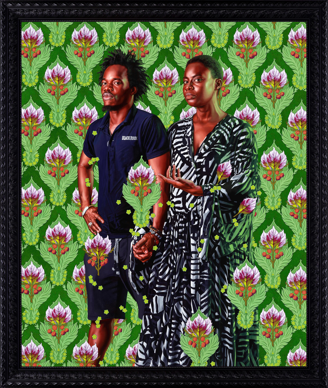 KEHINDE WILEY, Portrait of M&rsquo;baye Babacar N&rsquo;Diaye Sarr and Sarah Diouf, 2020, oil on linen, painting: 72 x 60 inches (182.9 x 152.4 cm), framed: 83 7/16 x 71 11/16 inches (211.9 x 182.1 cm), KW-PA-20-005