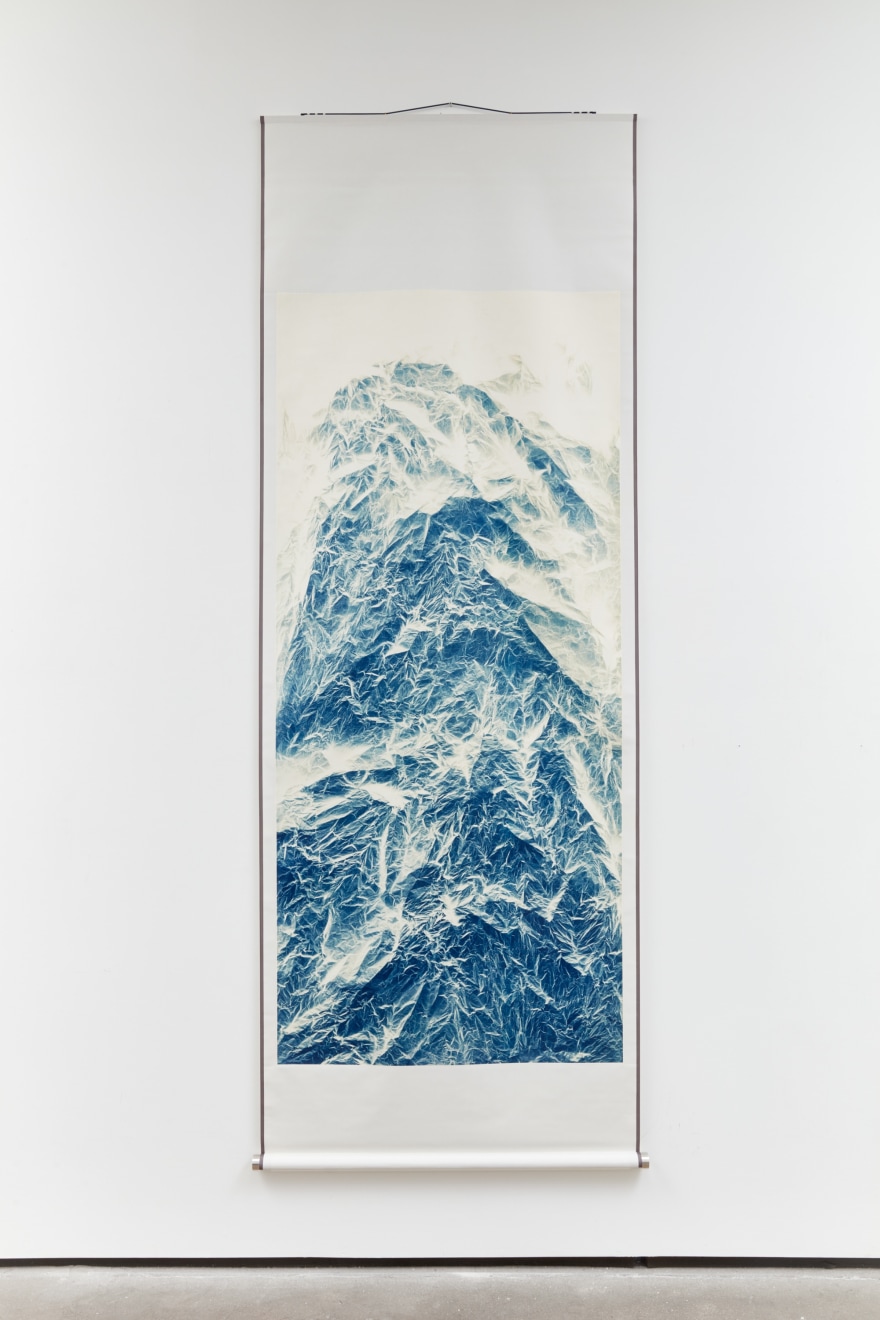 Wu Chi-Tsung Wrinkled Texture 113, 2021 the work is accompanied by a signed certificate of authenticity cyanotype photography, Xuan paper image: 83 1/16 x 37 3/8 inches (211 x 95 cm) overall: 112 7/16 x 41 9/16 inches (285.6 x 105.6 cm) (WCT-48)