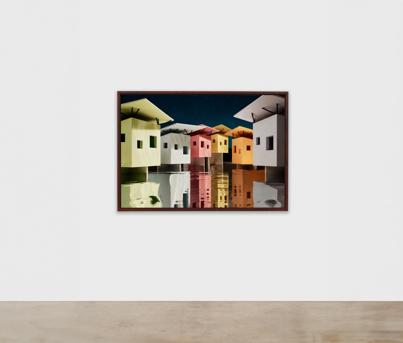 James Casebere,&nbsp;Beach Huts (Night), 2024, framed archival pigment print mounted to Dibond, paper: 45 15/16 x 66 3/4 inches, framed: 48 3/4 x 69 9/16 x 2 1/4 inches &copy; James&nbsp;Casebere Courtesy: the artist and Sean Kelly, New York/Los Angeles