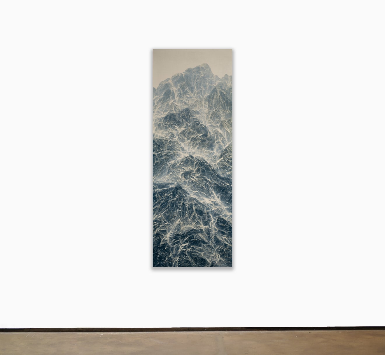 Wu Chi-Tsung Cyano-Collage 157, 2022 signed and dated by the artist, verso cyanotype photography, Xuan paper, acrylic gel, acrylic, mounted on wooden board 74 13/16 x 27 9/16 inches (190 x 70 cm) (WCT-70)
