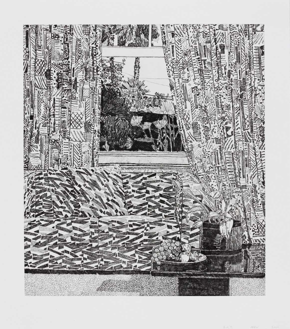 Jonas Wood, Pattern Couch Interior with Mar Vista View, 2020