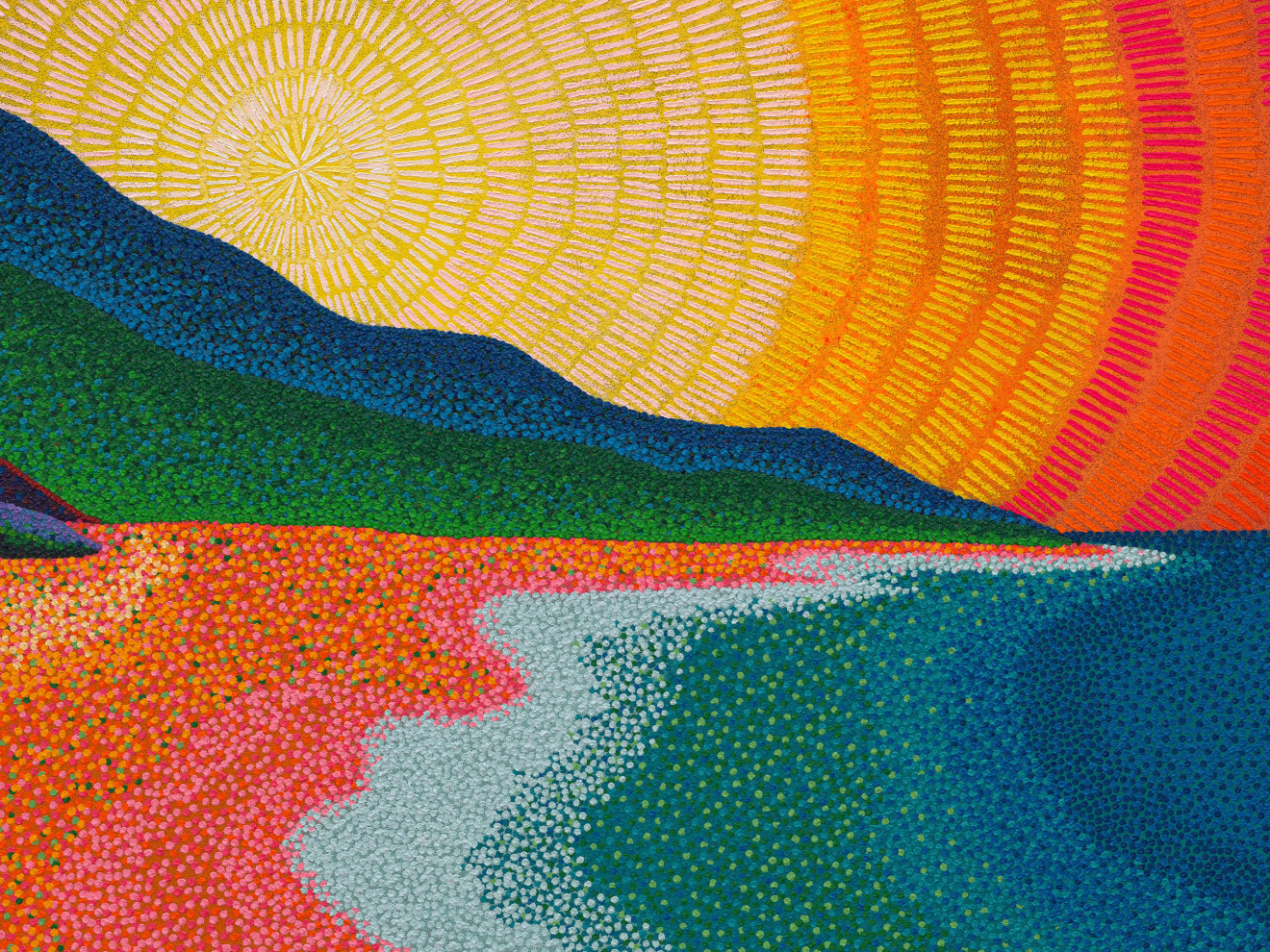 Jennifer Guidi, The Earth and I are in a harmonious hum, drawn to the sea by her calling drum, along the magical red ridge we run, bound for the waves&mdash;with a dive we become one, 2025