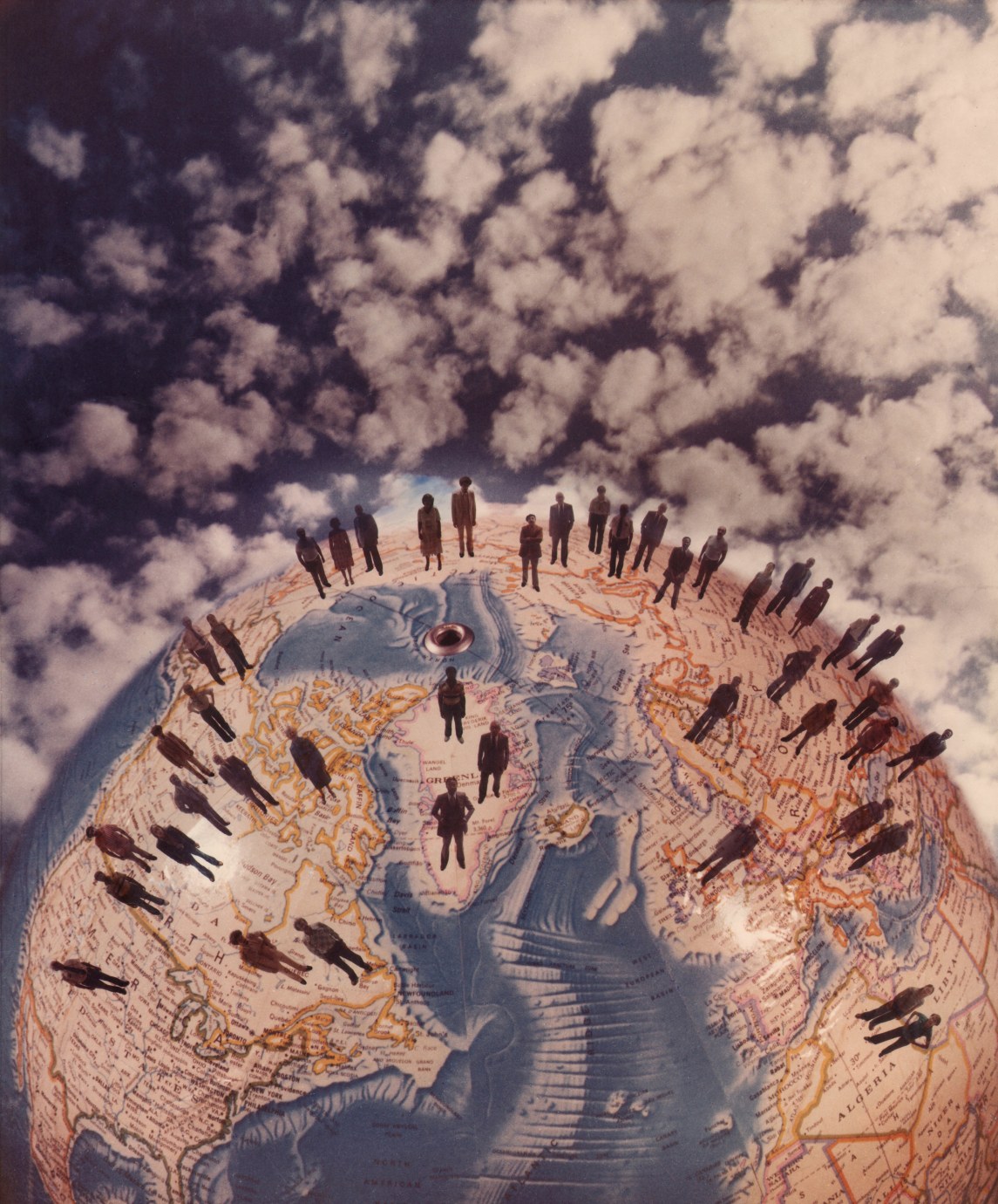 David Attie, Untitled, ​c. 1970. Composite color photo featuring a globe against a background of sky and clouds. Various human figure silhouettes stand on the globe.