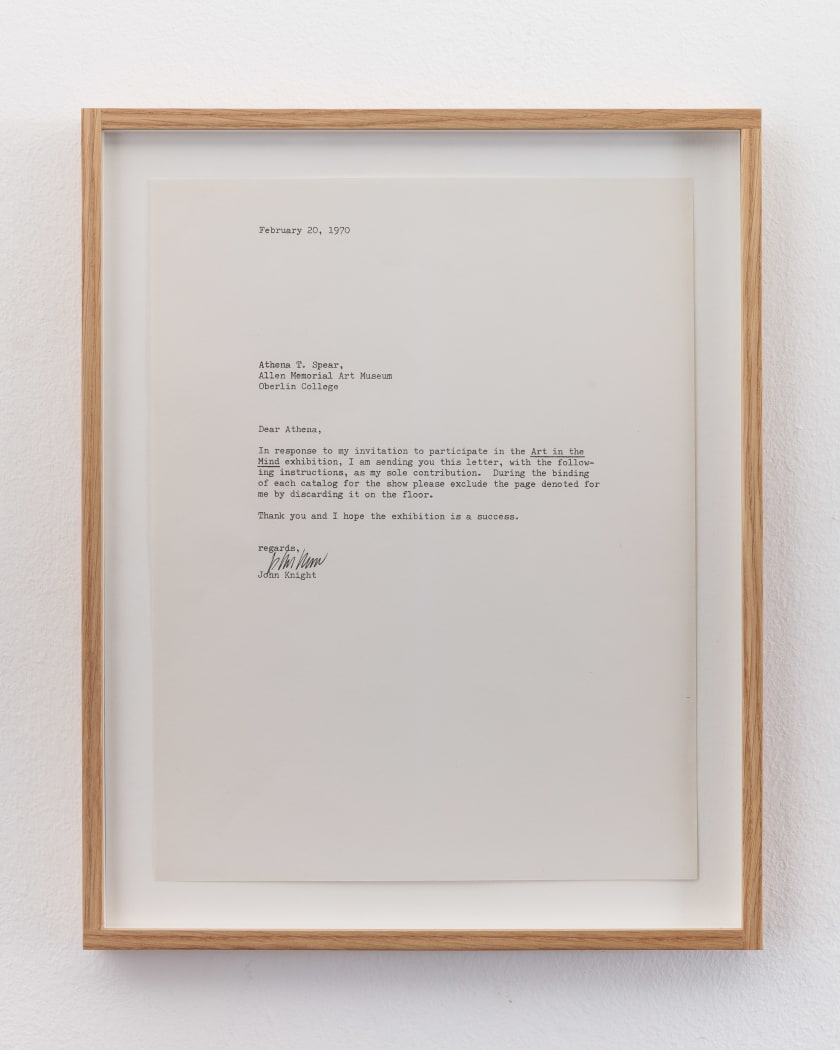 John Knight Proposal to the curators of the exhibition ‘Art In The Mind’, 1970 Ink on paper 8 ½ x 11 inches (21.59 x 27.94 cm)
