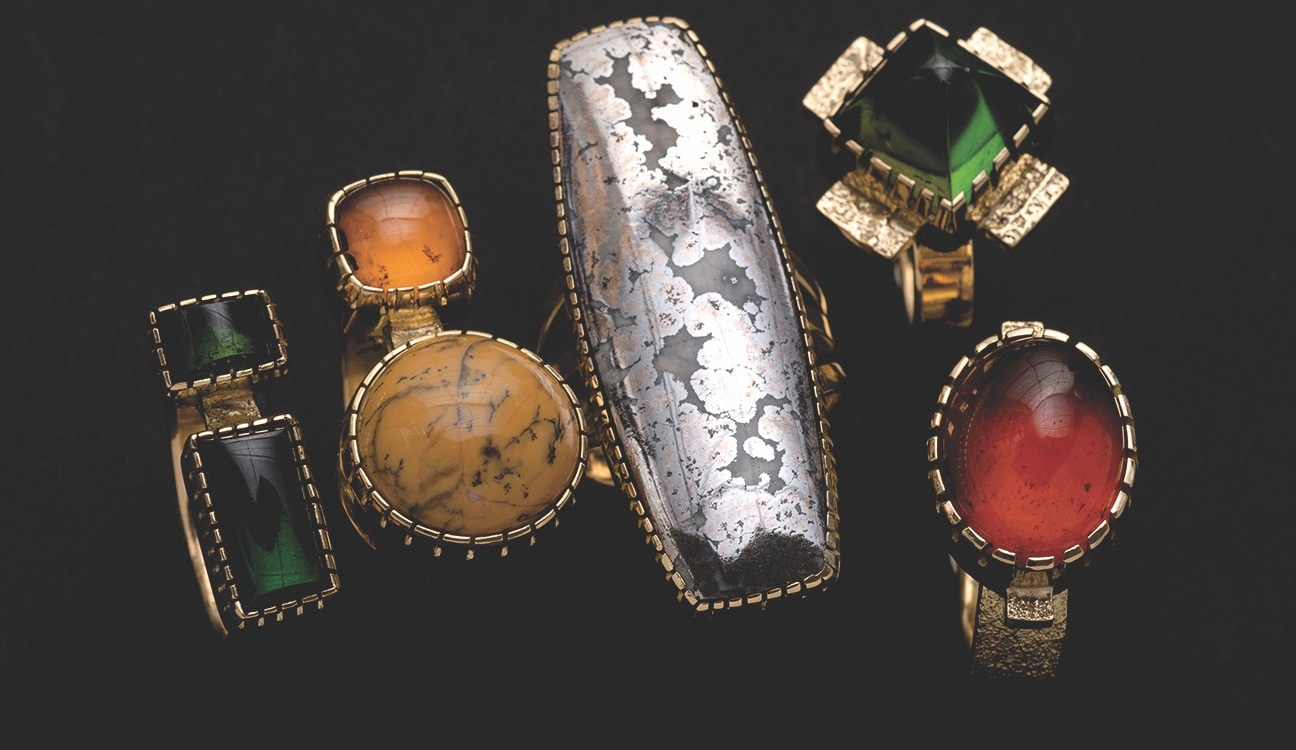 24. Yazzie Johnson (b. 1946) and Gail Bird (b. 1949), &quot;Rings,&quot; 18kt gold with various precious stones, various sizes