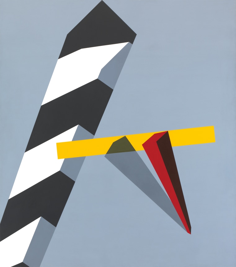 Gray background with black and white stripe, plus yellow rectangular form and red rectangular form