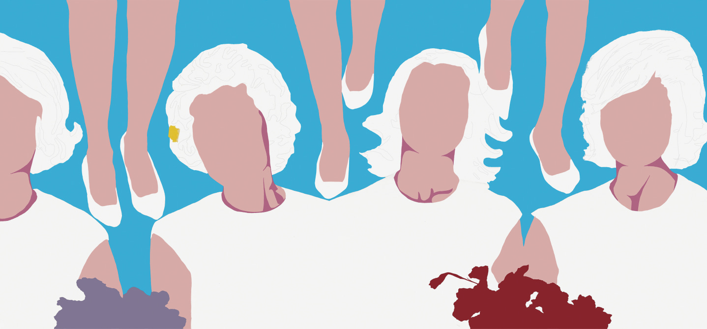 Four Faceless women with white clothing and hair and six legs with white shoes