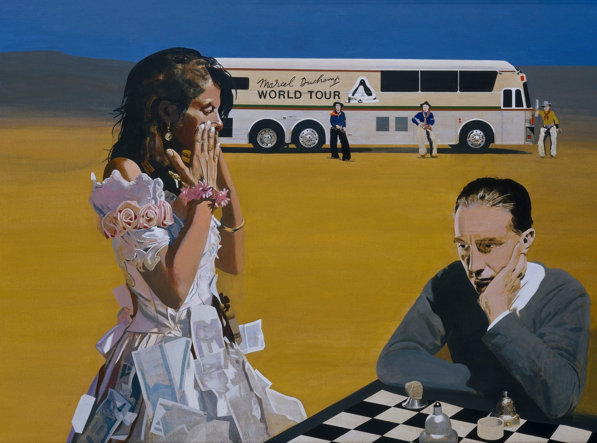 Woman standing with hands over mouth next to man sitting at Chess board, and a bus in background with text on side "Marcel Duchamp World Tour"