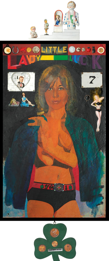 Woman wearing jacket and belted shorts with text "Little Lady Luck" across top, plus various figures and shapes above and below her